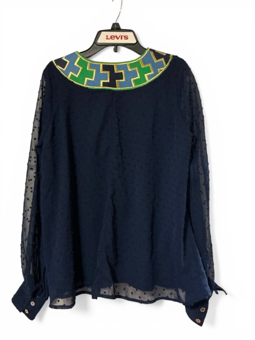 C.K. Bradley Navy Blouse with Green & Blue V-Neck Trim Womens Small Boho - Picture 3 of 6